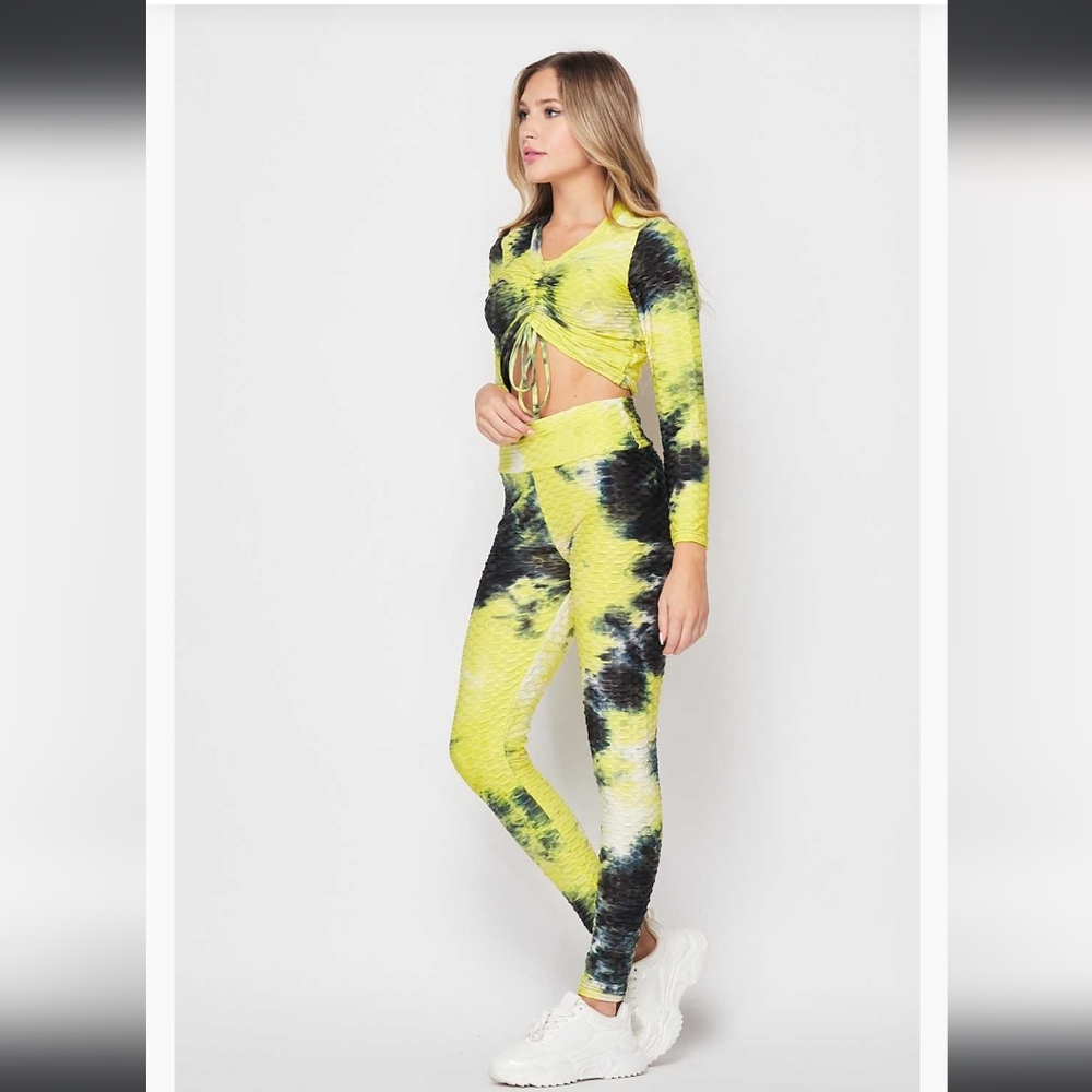 2 piece ruched colorful tie dye crop top tik Tok leggings set L/XL